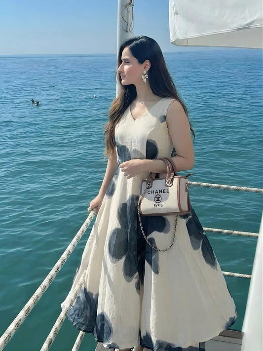 Off-White and Charcoal Abstract Print Maxi Dress