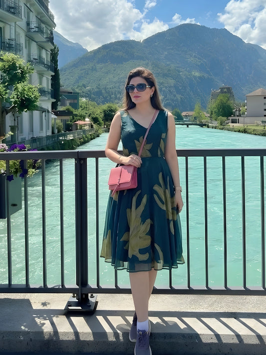 Deep Green Botanical Print A-Line Dress