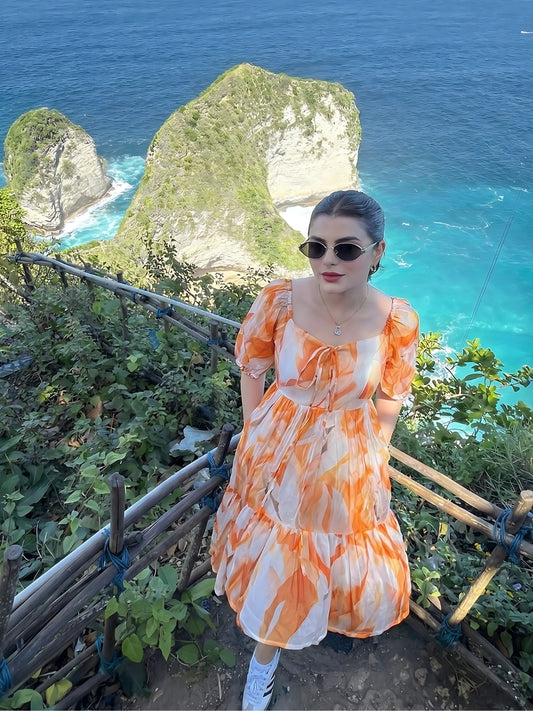 Vibrant Orange and White Abstract Tiered Dress