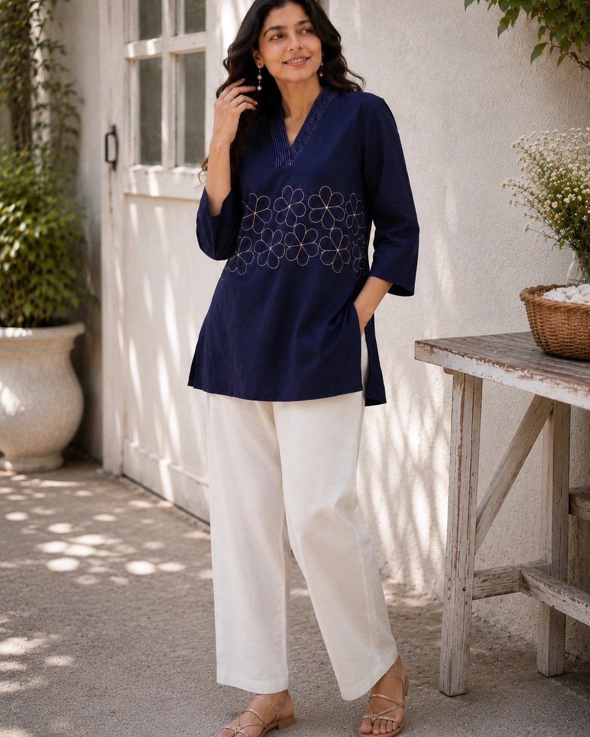 Embroidered V-Neck Three-Quarter Sleeve Cotton Kurti
