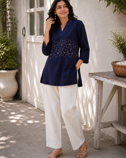 Embroidered V-Neck Three-Quarter Sleeve Cotton Kurti