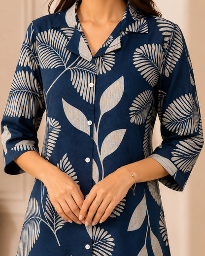 Floral Print Collared Three-Quarter Sleeve Cotton Kurti