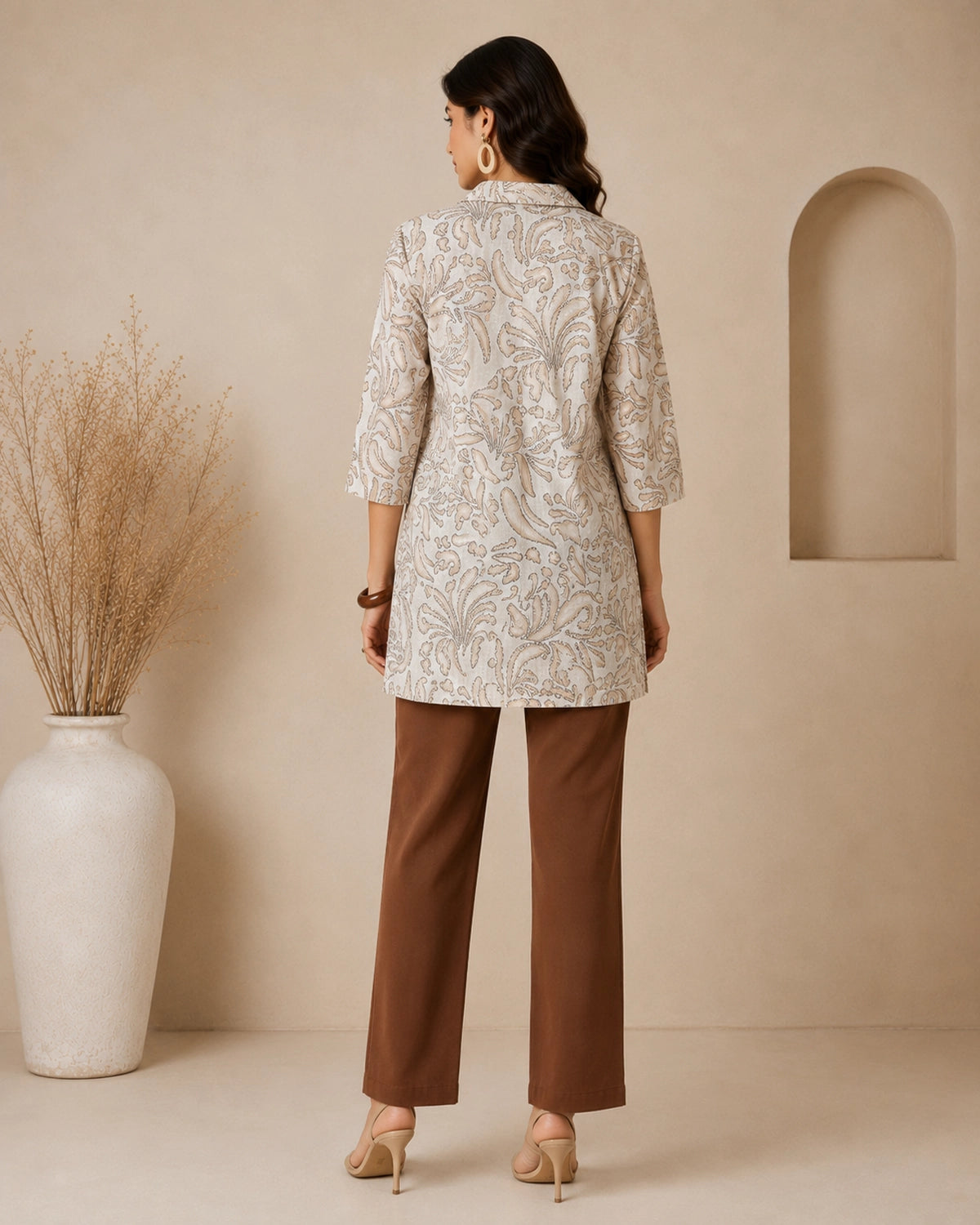Floral Print Collared Three-Quarter Sleeve Cotton Kurti