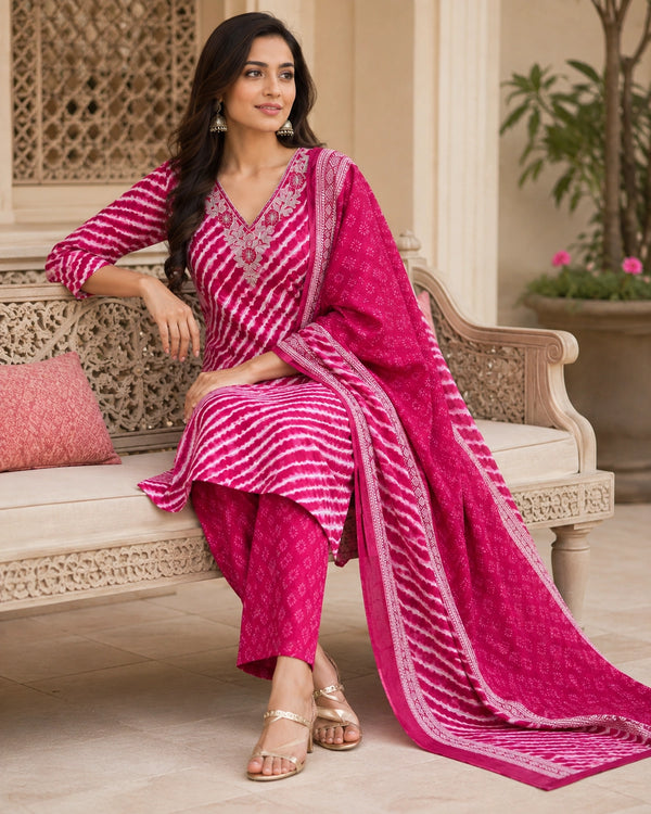 Leheriya Stripe Print Cotton Kurta Pant Dupatta Set