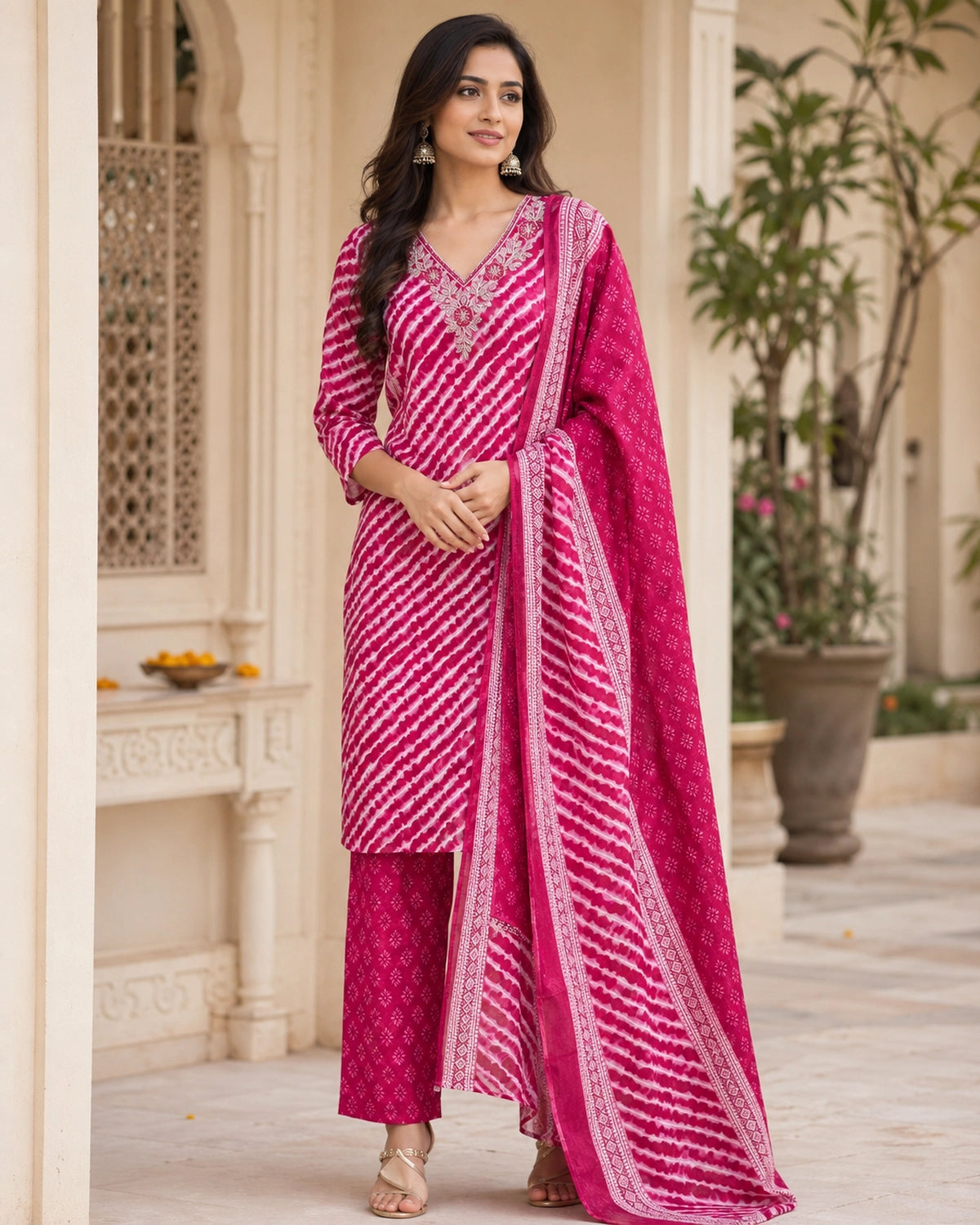 Leheriya Stripe Print Cotton Kurta Pant Dupatta Set