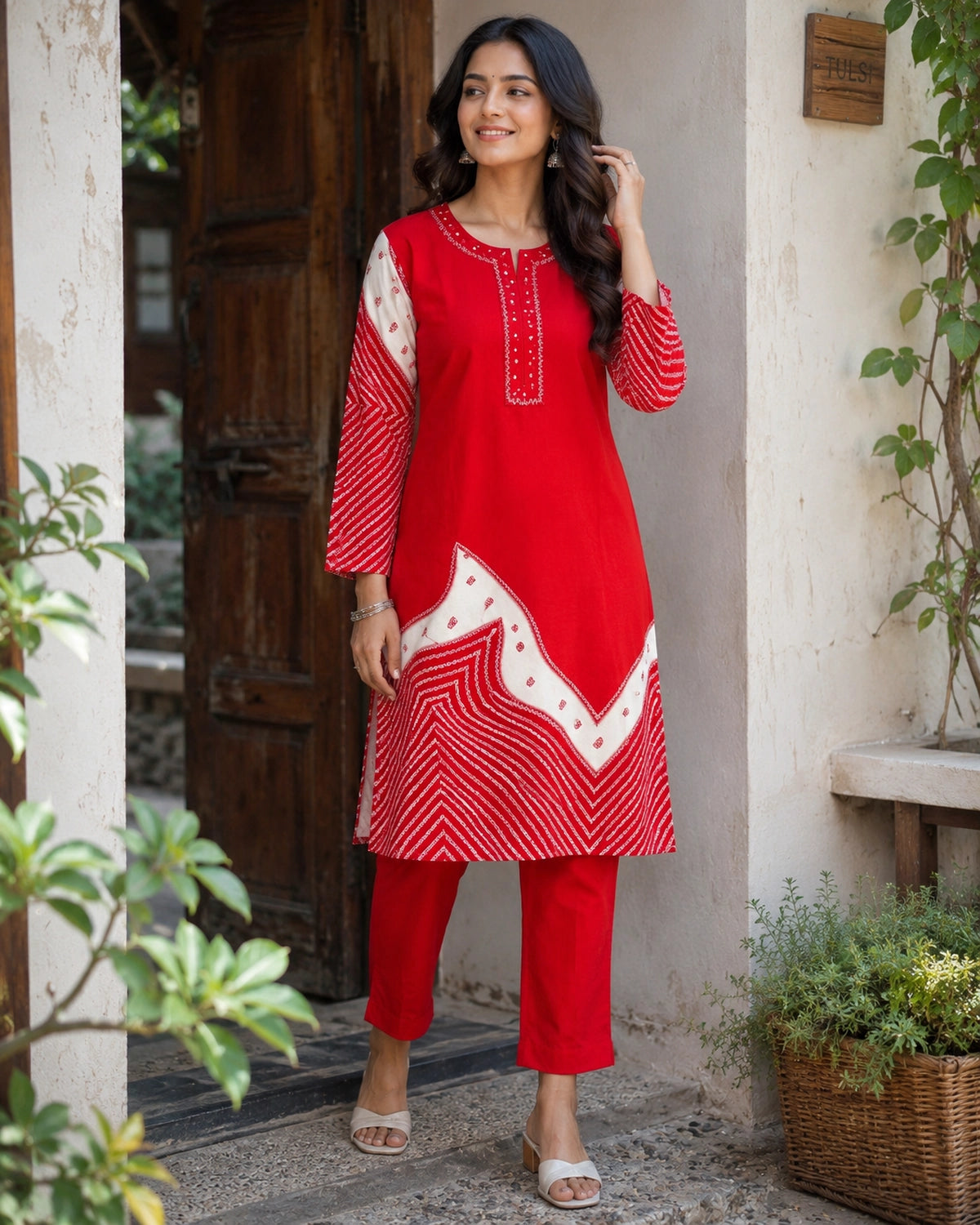 Red Bandhani Border Rayon Kurta Pant Set with Embroidery