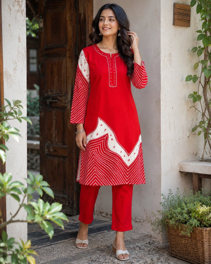 Red Bandhani Border Rayon Kurta Pant Set with Embroidery