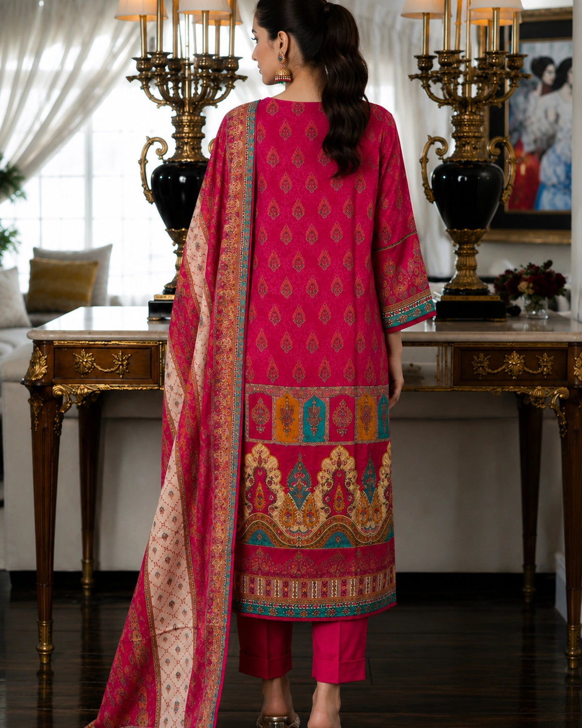 Pink & Ivory Colourblock Ethnic Crepe Kurta Pant Dupatta Set