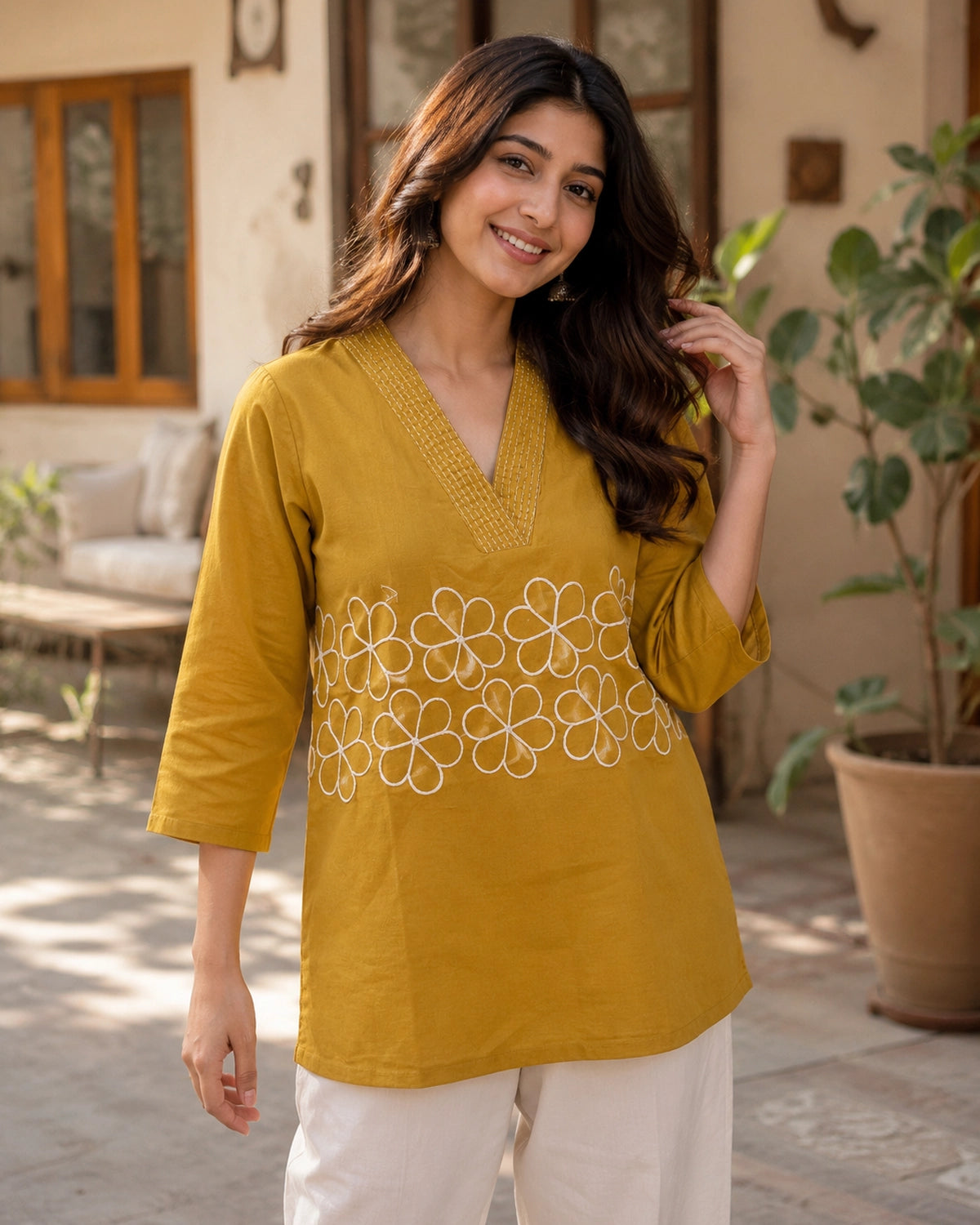 Embroidered V-Neck Three-Quarter Sleeve Cotton Kurti