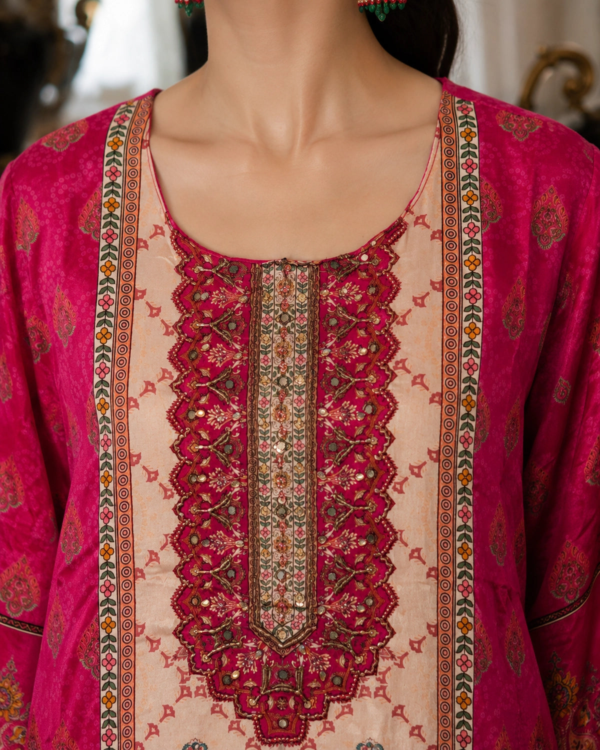 Pink & Ivory Colourblock Ethnic Crepe Kurta Pant Dupatta Set