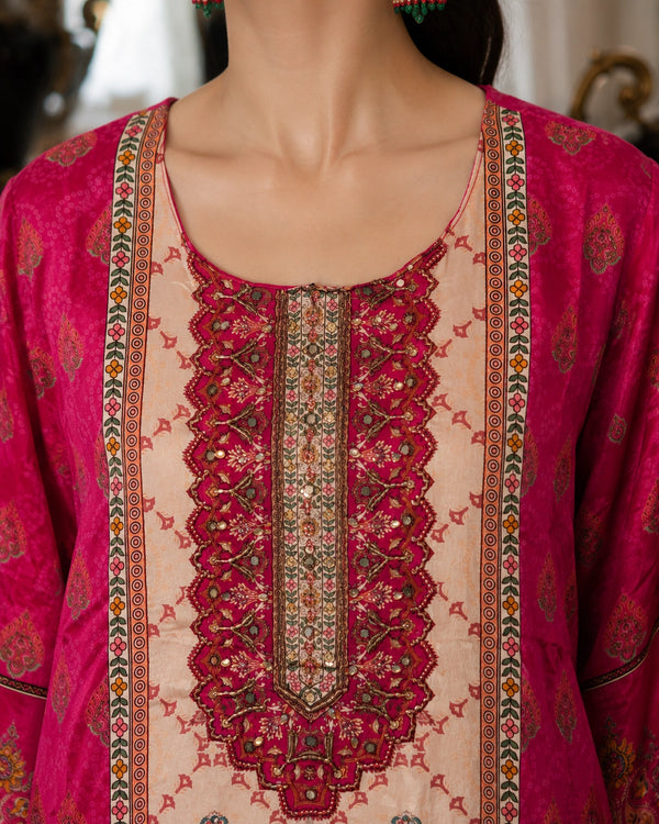 Pink & Ivory Colourblock Ethnic Crepe Kurta Pant Dupatta Set — image 3