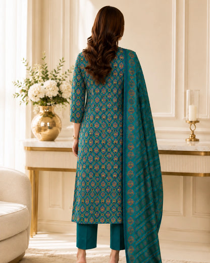 Teal Ethnic Motif Print Viscose Kurta Pant Dupatta Set