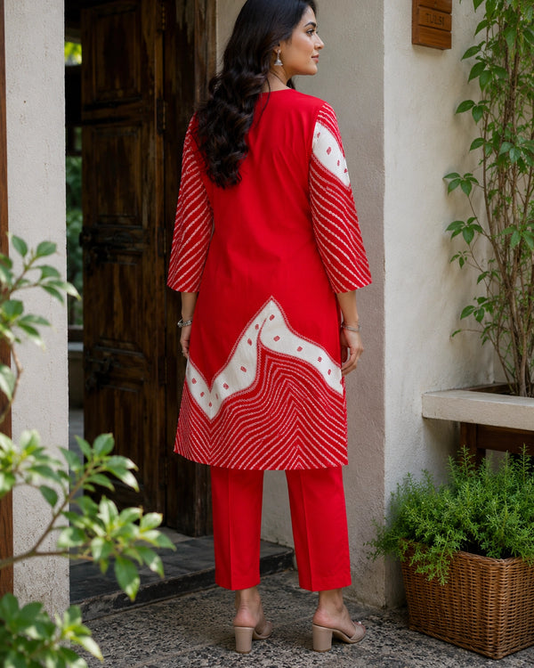 Red Bandhani Border Rayon Kurta Pant Set with Embroidery — image 4
