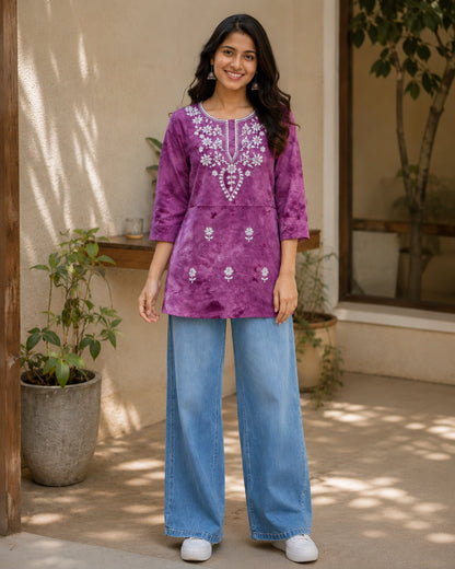 Chikankari Tie-Dye Round Neck Cotton Kurti