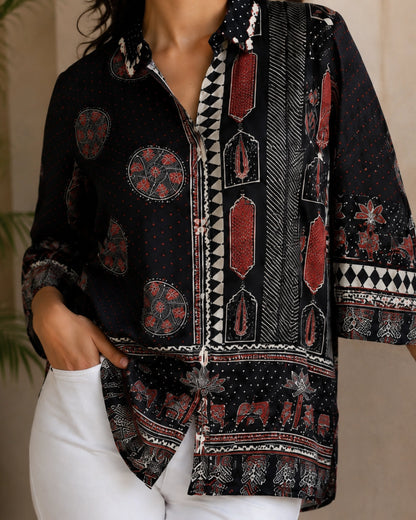 Black Ajrakh Print Viscose Top for Vacation Wear