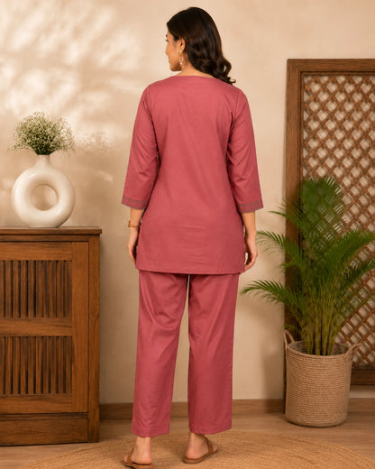 Dusty Rose Embroidered Cotton Co-Ord Set for Vacation Wear