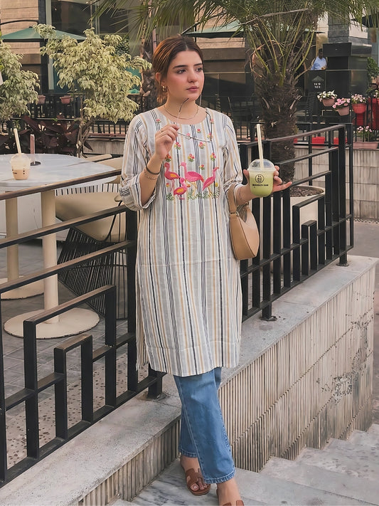 Off-White Striped Flamingo Embroidered Kurti