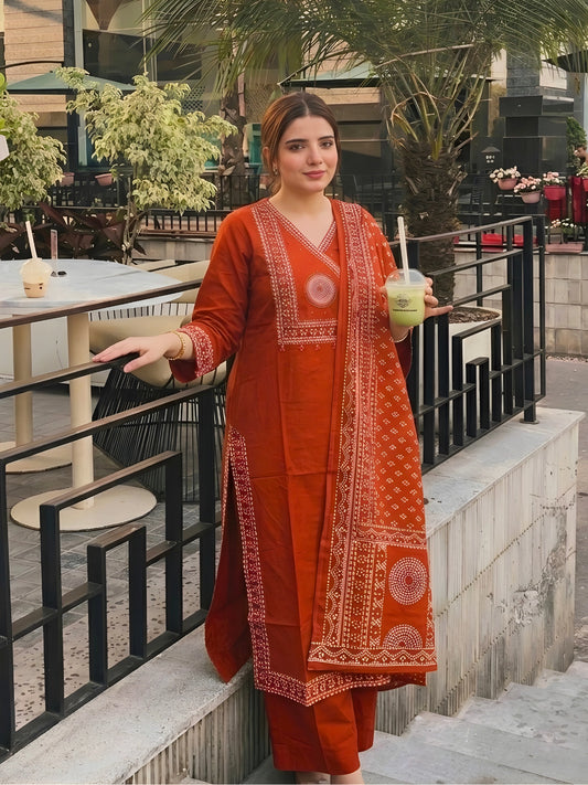 Rust Orange V-Neck Kurta Set