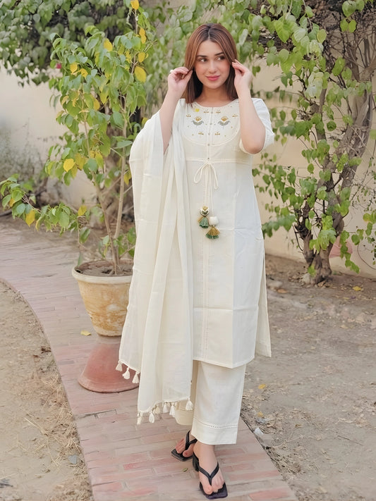 Off-White Embroidered Kurta Suit Set