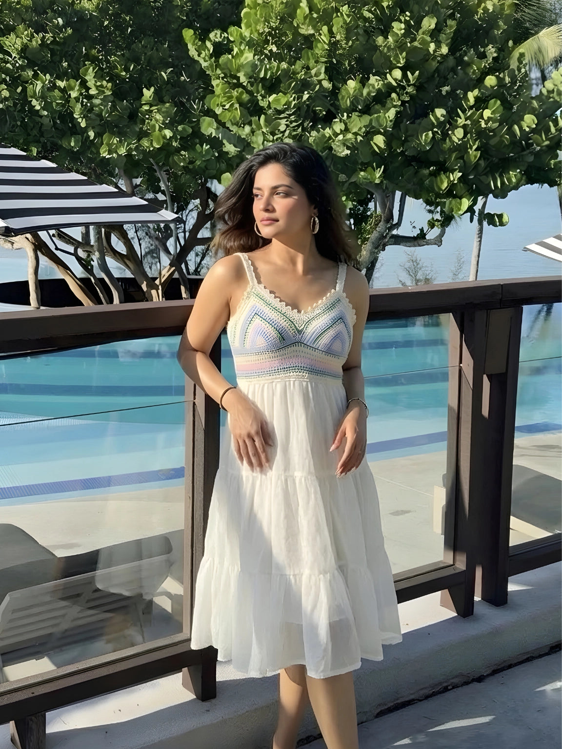 White Boho Crochet Bodice Tiered Dress