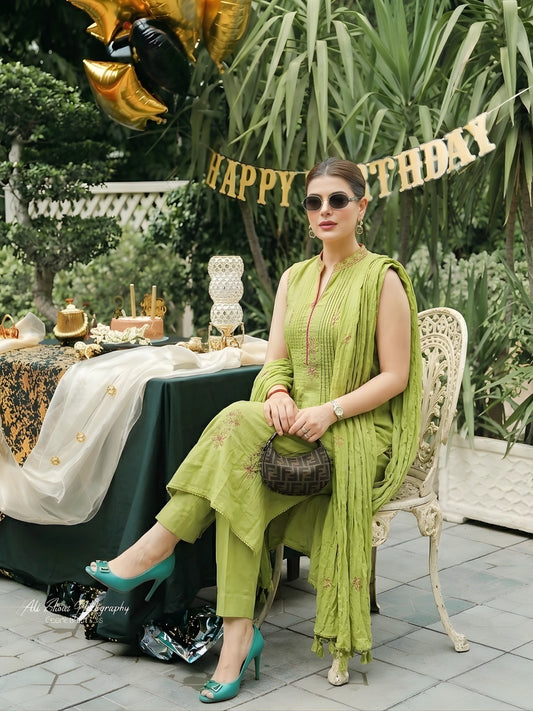 Pistachio Green Embroidered Kurta Pant Set with Dupatta