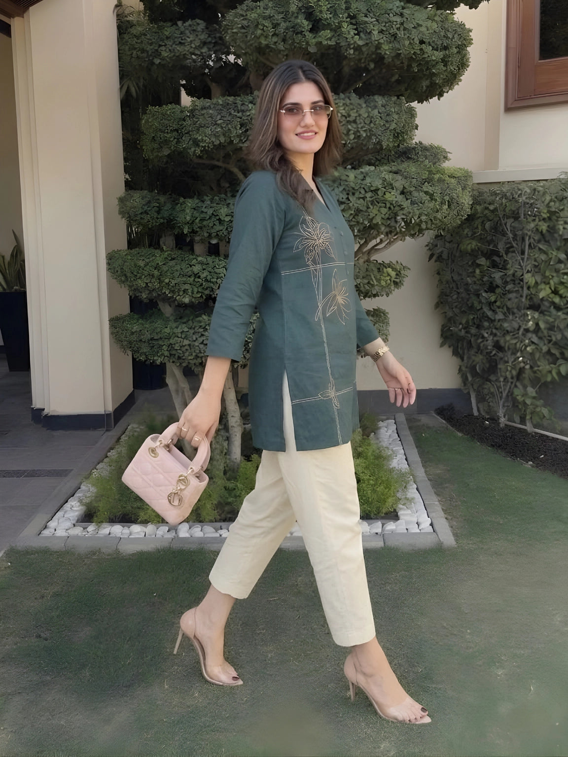 Forest Green Metallic Floral Kurti