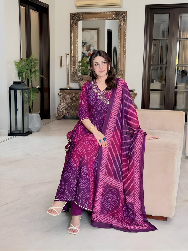 Magenta and Purple Bandhani Flared Suit Set — image 1