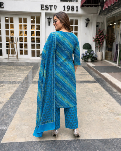 Blue Bandhani Stripe Print Cotton Kurta Pant Dupatta Set