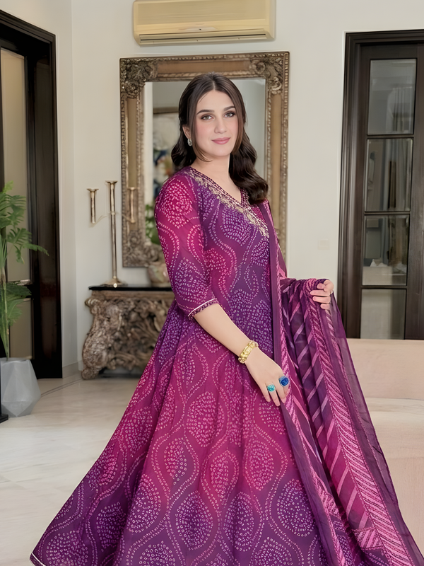 Magenta and Purple Bandhani Flared Suit Set — image 2