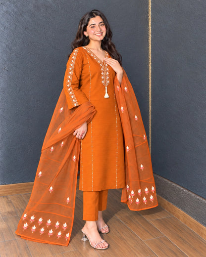 Mirror Embroidered Cotton Kurta Pant Dupatta Set