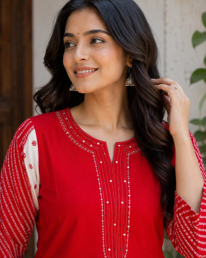 Red Bandhani Border Rayon Kurta Pant Set with Embroidery