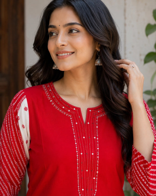 Red Bandhani Border Rayon Kurta Pant Set with Embroidery — image 3