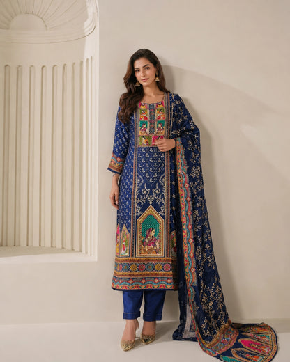 Navy Blue Ethnic Miniature Print Crepe Kurta Pant Dupatta Set