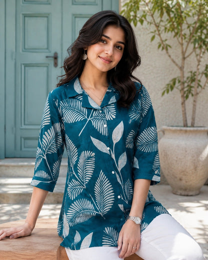 Floral Print Collared Three-Quarter Sleeve Cotton Kurti