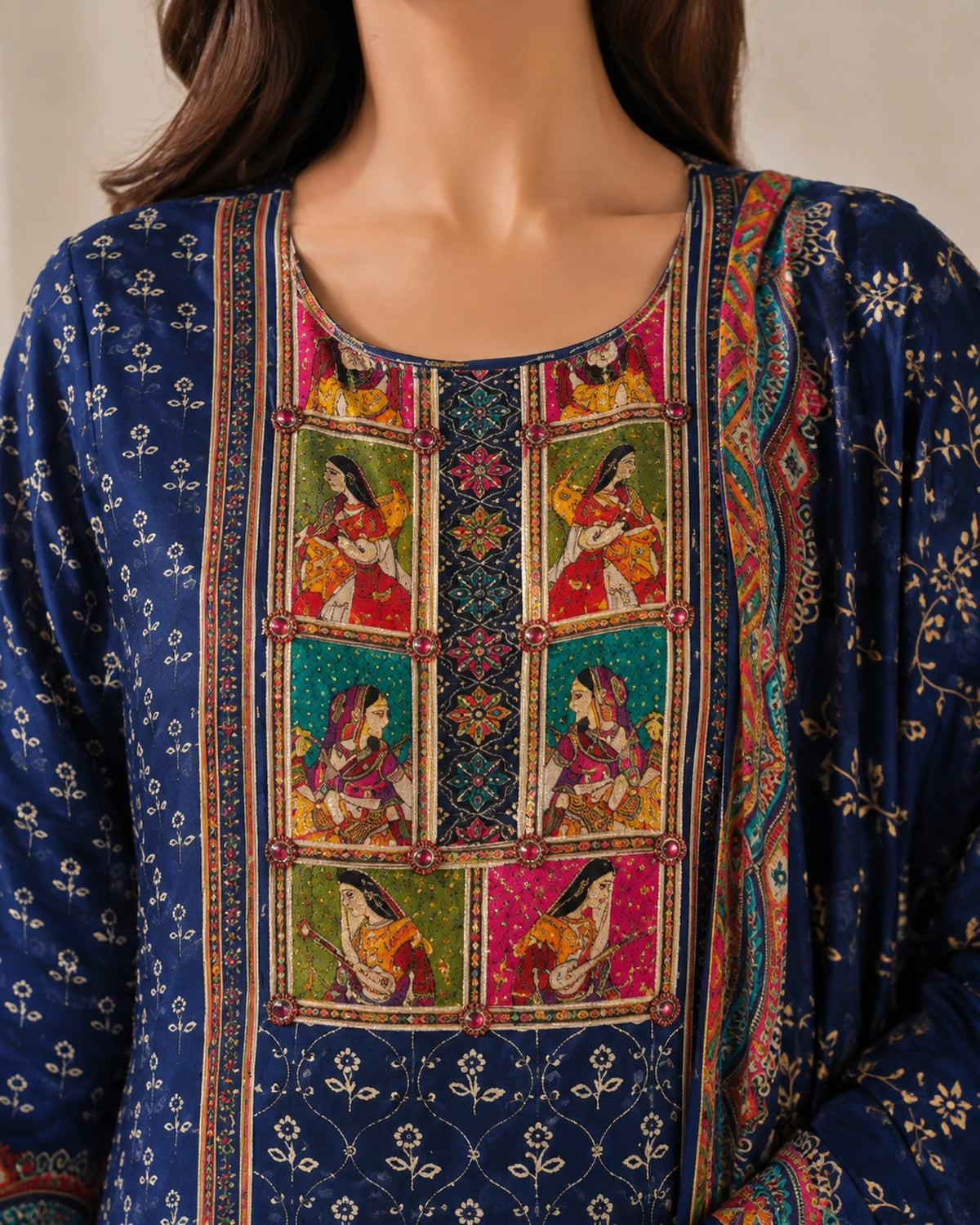 Navy Blue Ethnic Miniature Print Crepe Kurta Pant Dupatta Set