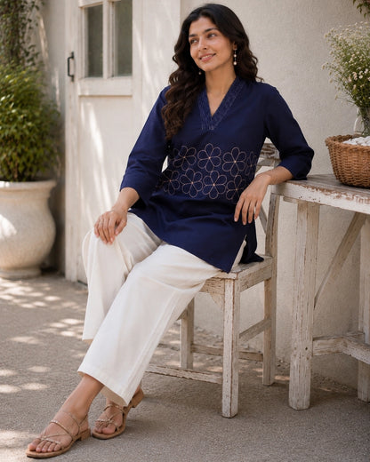 Embroidered V-Neck Three-Quarter Sleeve Cotton Kurti