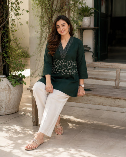 Embroidered V-Neck Three-Quarter Sleeve Cotton Kurti