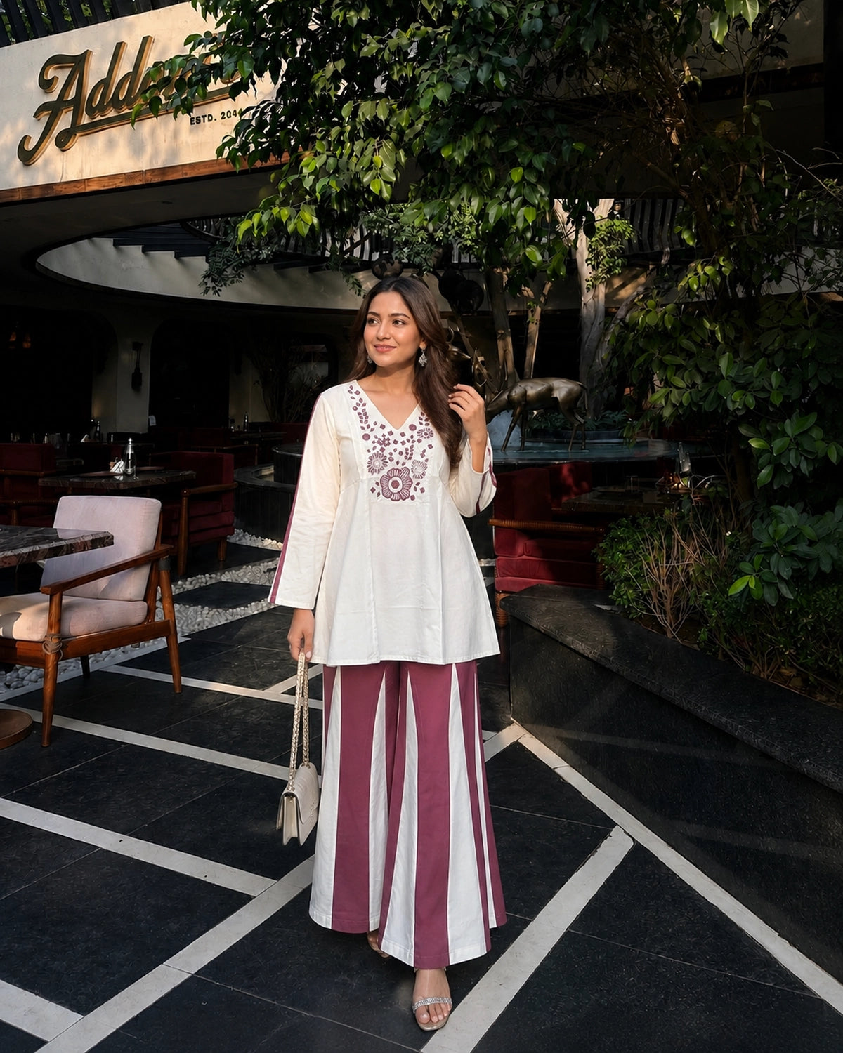 Floral Embroidered V-Neck Flared Cotton Co-ord Set