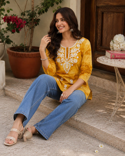 Chikankari Tie-Dye Round Neck Cotton Kurti