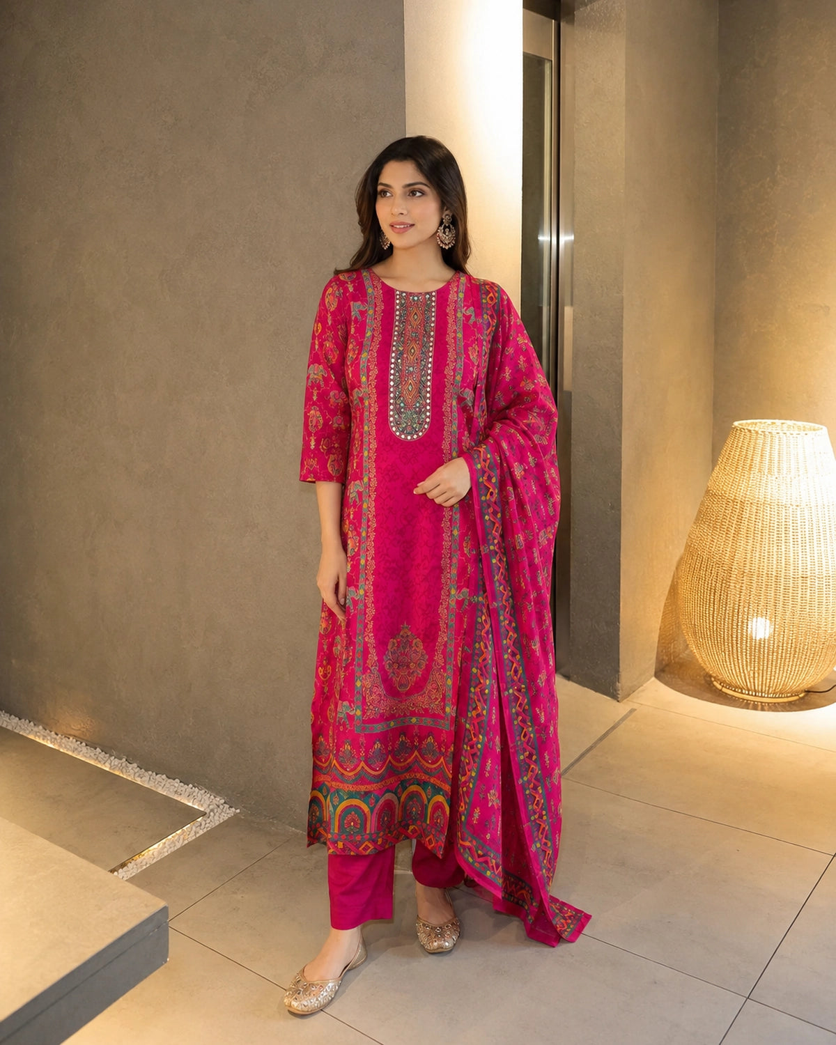 Rani Pink Paisley Print Viscose Kurta Pant Dupatta Set