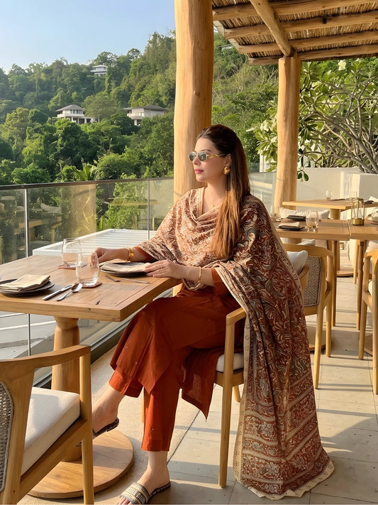 Terracotta V-Neck Kurta Pant Set with Printed Dupatta