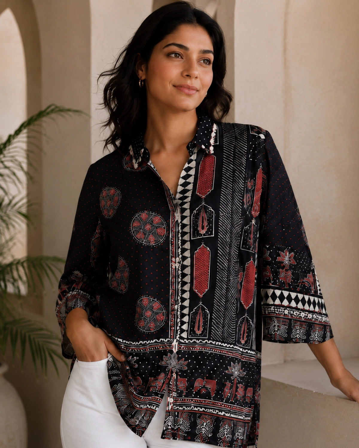 Black Ajrakh Print Viscose Top for Vacation Wear