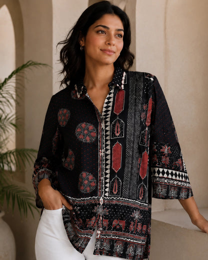 Black Ajrakh Print Viscose Top for Vacation Wear