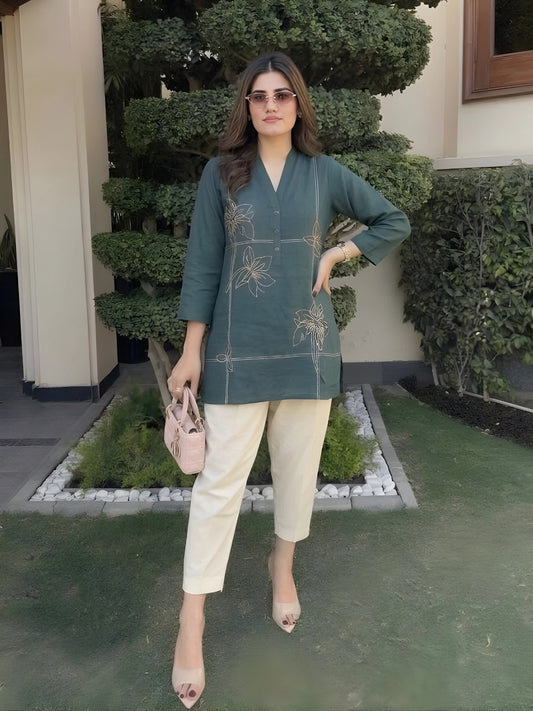 Forest Green Metallic Floral Kurti