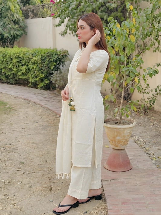 Off-White Embroidered Kurta Suit Set