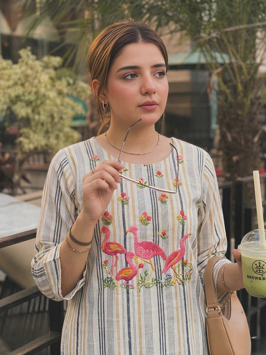 Off-White Striped Flamingo Embroidered Kurti