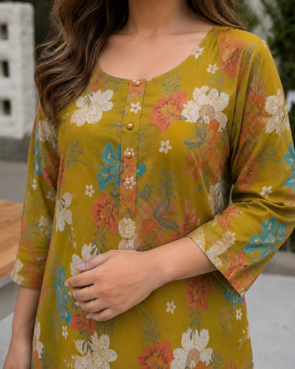 Floral Print Cotton Kurta Pant Set with Round Neck for Daily Wear — image 3