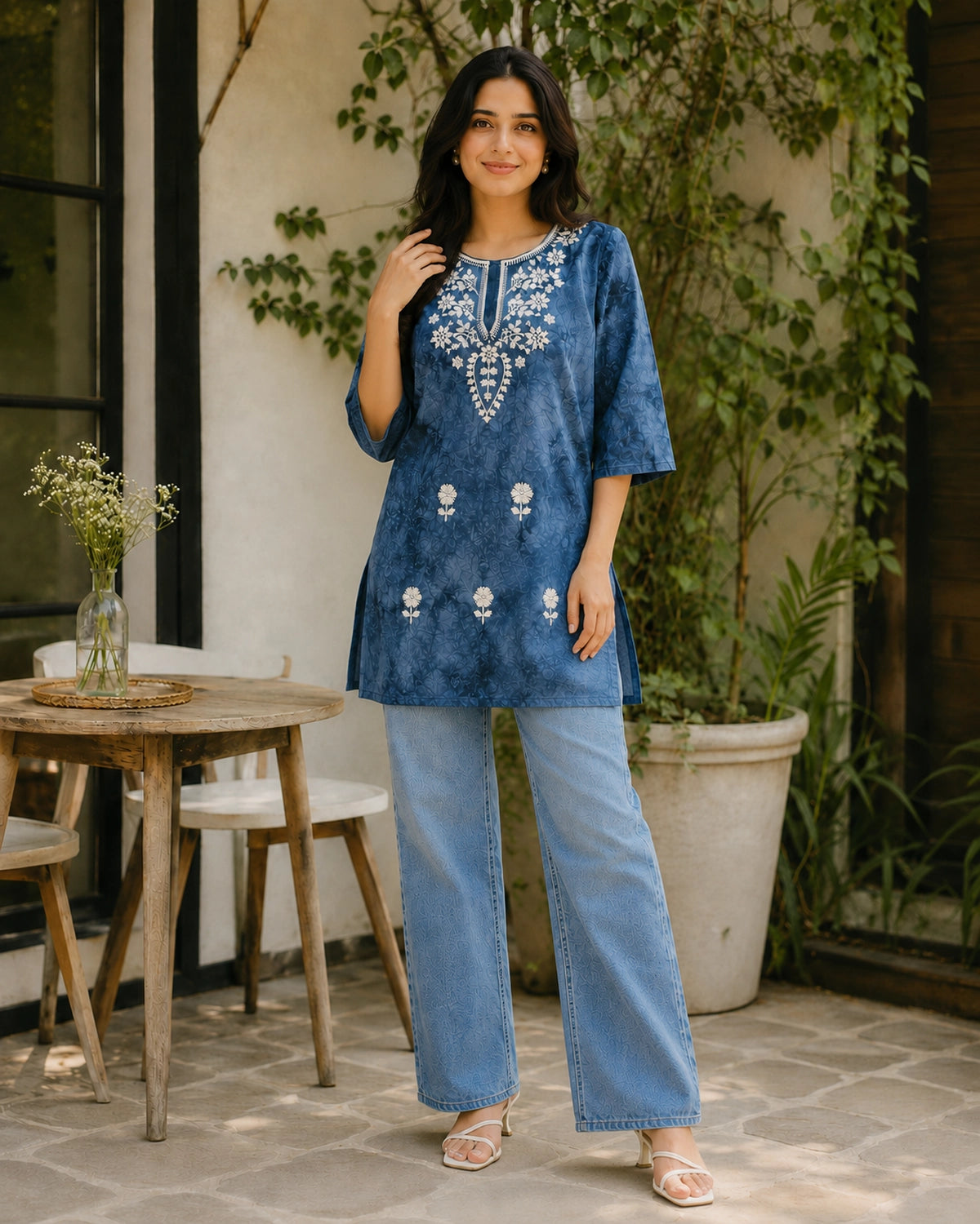 Chikankari Tie-Dye Round Neck Cotton Kurti