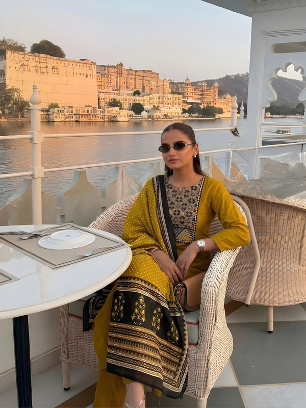 Mustard Yellow Embroidered Kurta Pant Set with Dupatta — image 1