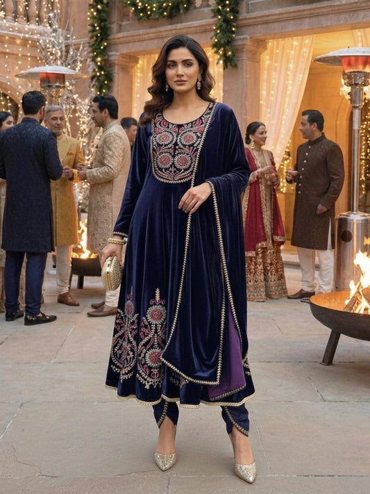 Navy Blue Embroidered Anarkali Suit Set